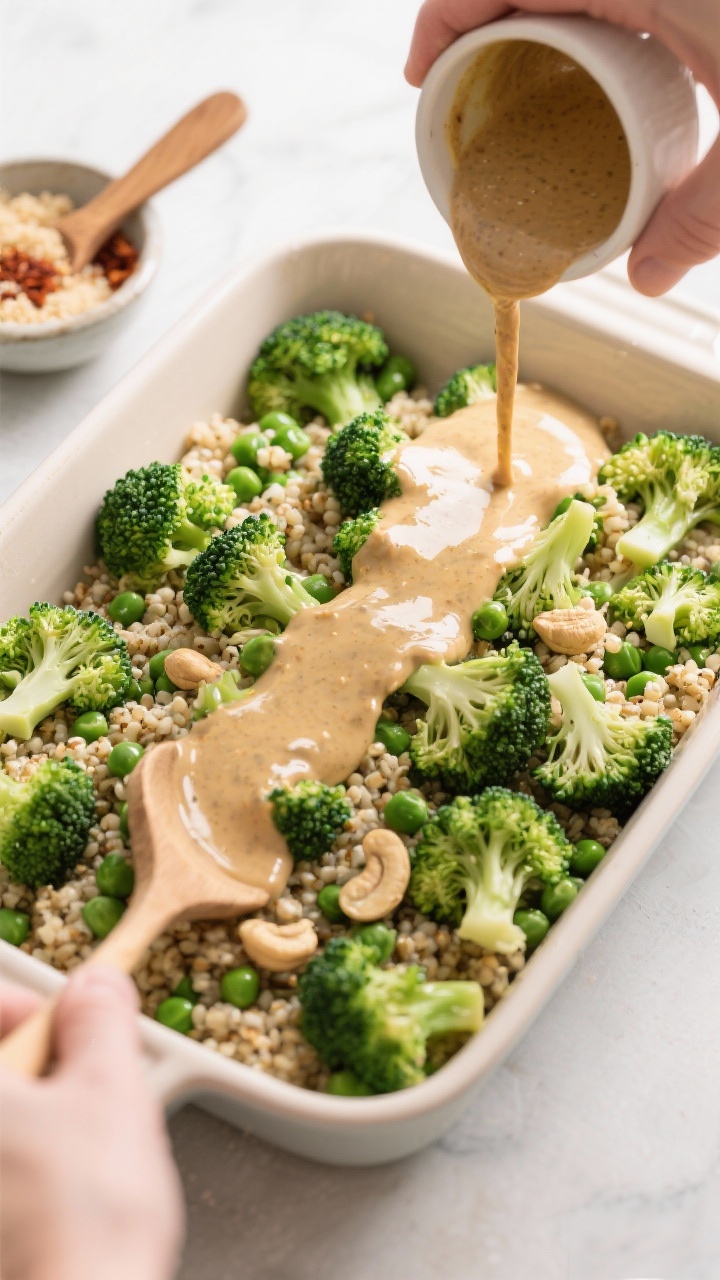 Cooking process: Overhead shot of the casserole being assembled in a 9x13 ceramic dish—blanched br