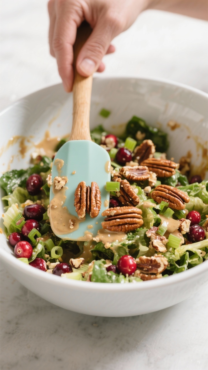 Cooking process: Overhead shot of toasted pecans being folded into the already dressed salad right b