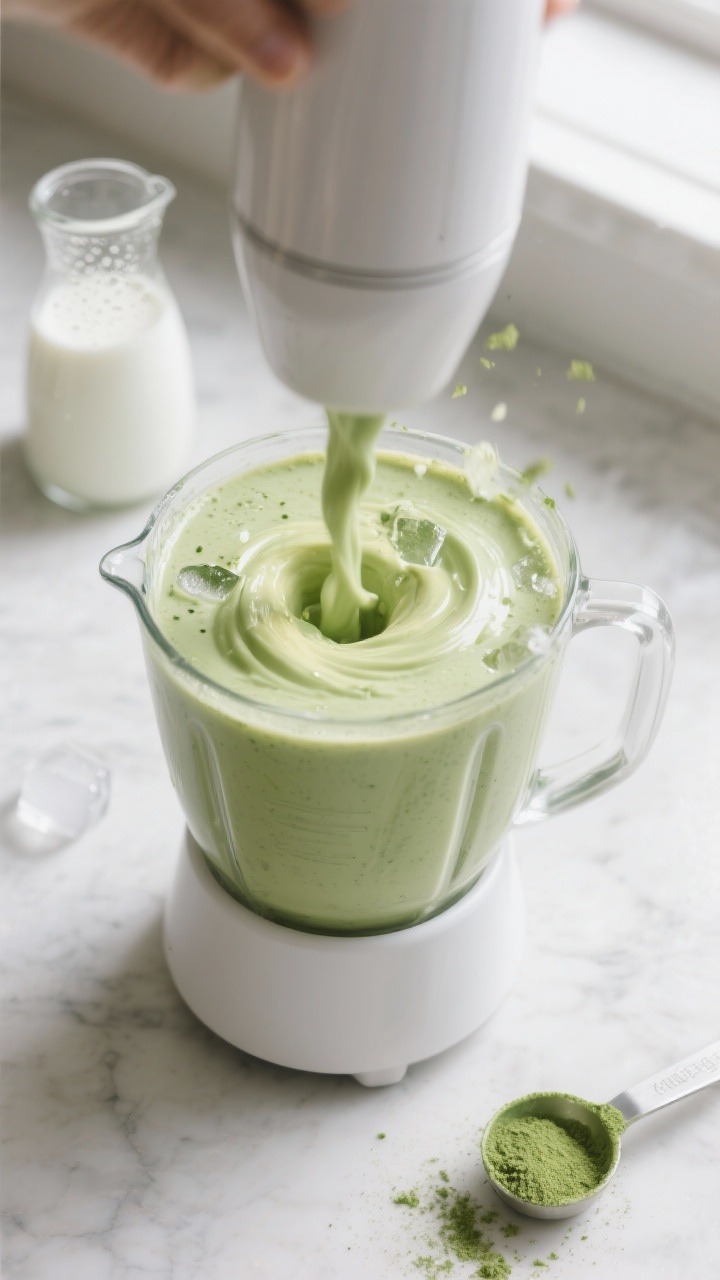 Cooking process shot: A high-speed blender mid-blend whirling a thick, glossy pale-green avocado mat