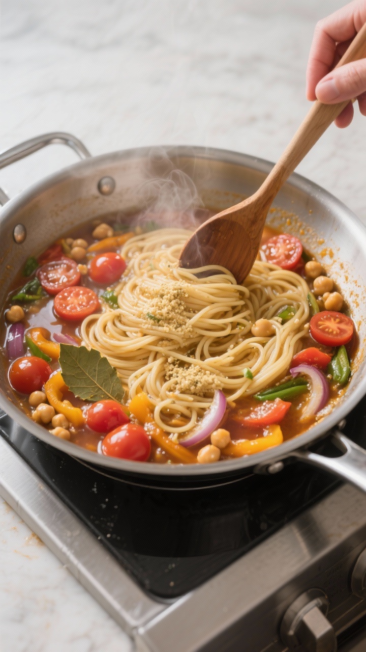 Cooking process shot: Overhead view of the one-pot pasta simmering in a wide stainless sauté pan, n