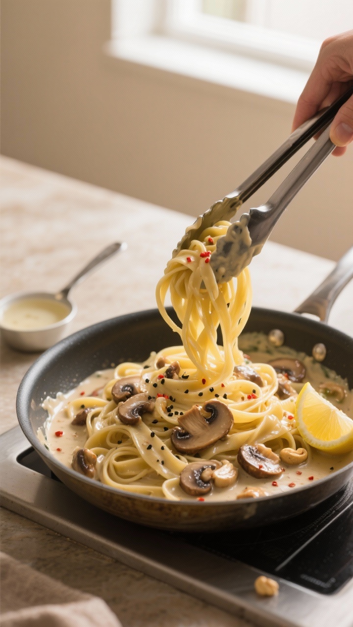 Cooking process: Silky cashew-cream mushroom sauce being folded with just-cooked fettuccine in a ski