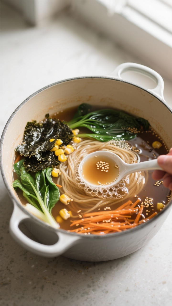 Cooking process: Simmering vegan ramen broth in a Dutch oven, overhead shot capturing swirling miso-