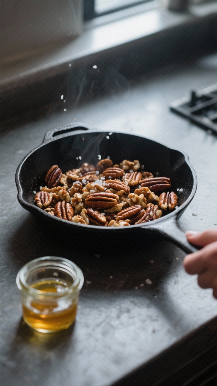 Cooking process: Warm toasted nuts being finished for the salad—pecans and walnuts in a matte blac