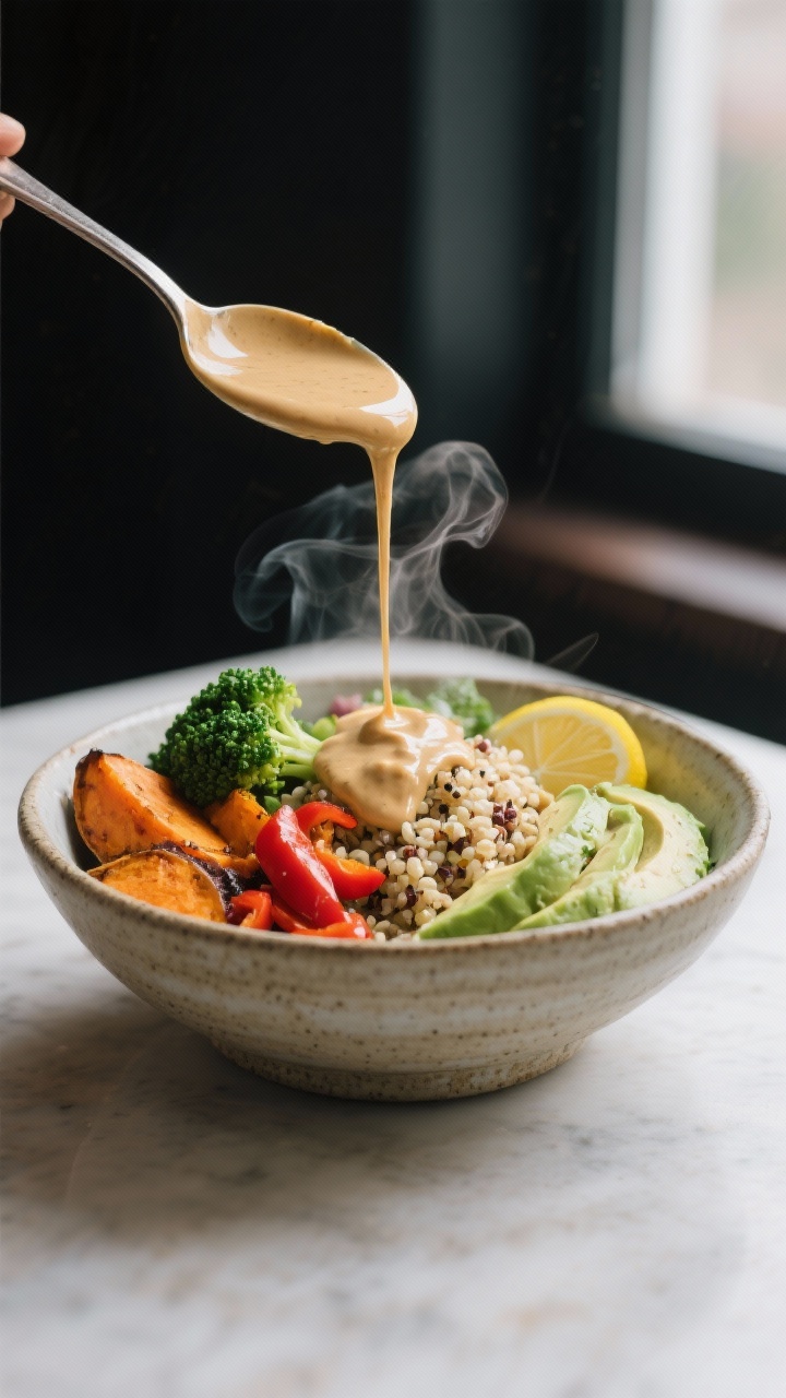 Final dish glamour: Beautifully plated Vegan Buddha Bowl in a wide, shallow stoneware bowl, emphasis