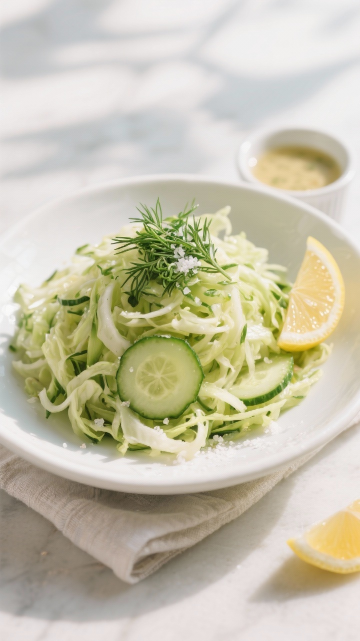 Final dish presentation: Beautifully plated Cabbage Cucumber Salad mounded in a white low-rim cerami