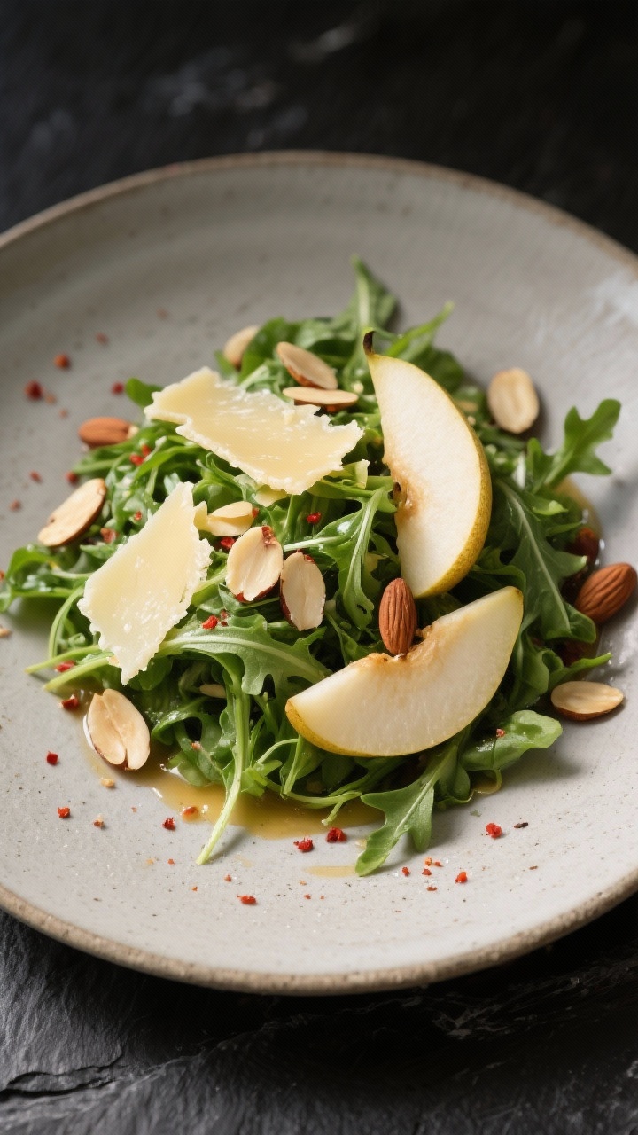 Final dish presentation: Beautifully plated Simple Arugula Salad topped with wide shavings of Parmes