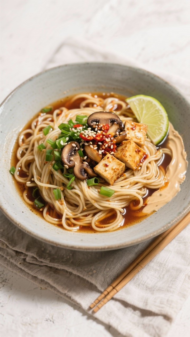 Final dish presentation: Beautifully plated vegan ramen bowl, overhead hero shot—springy wheat ram
