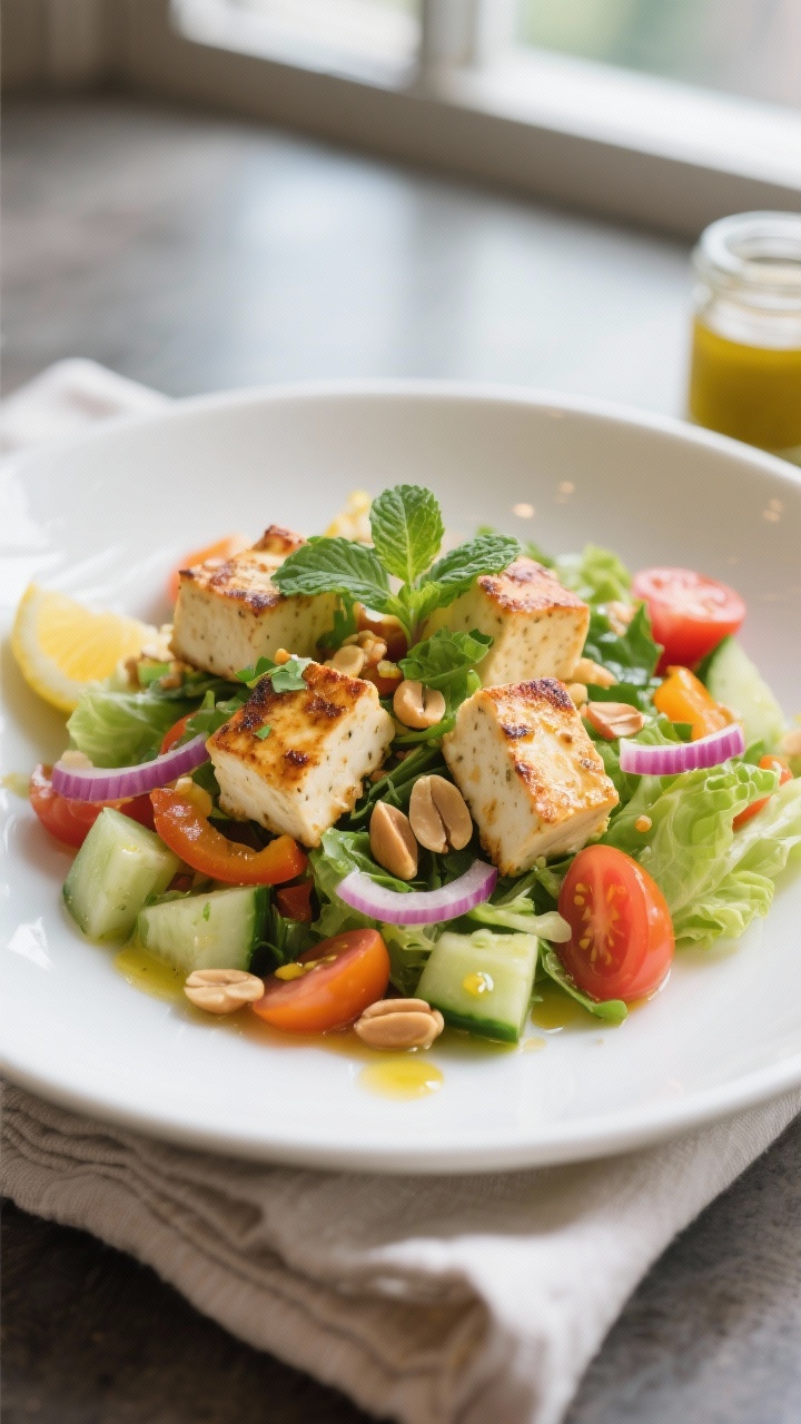 Final dish presentation: High protein paneer salad plated in a wide, low white bowl—seared paneer 