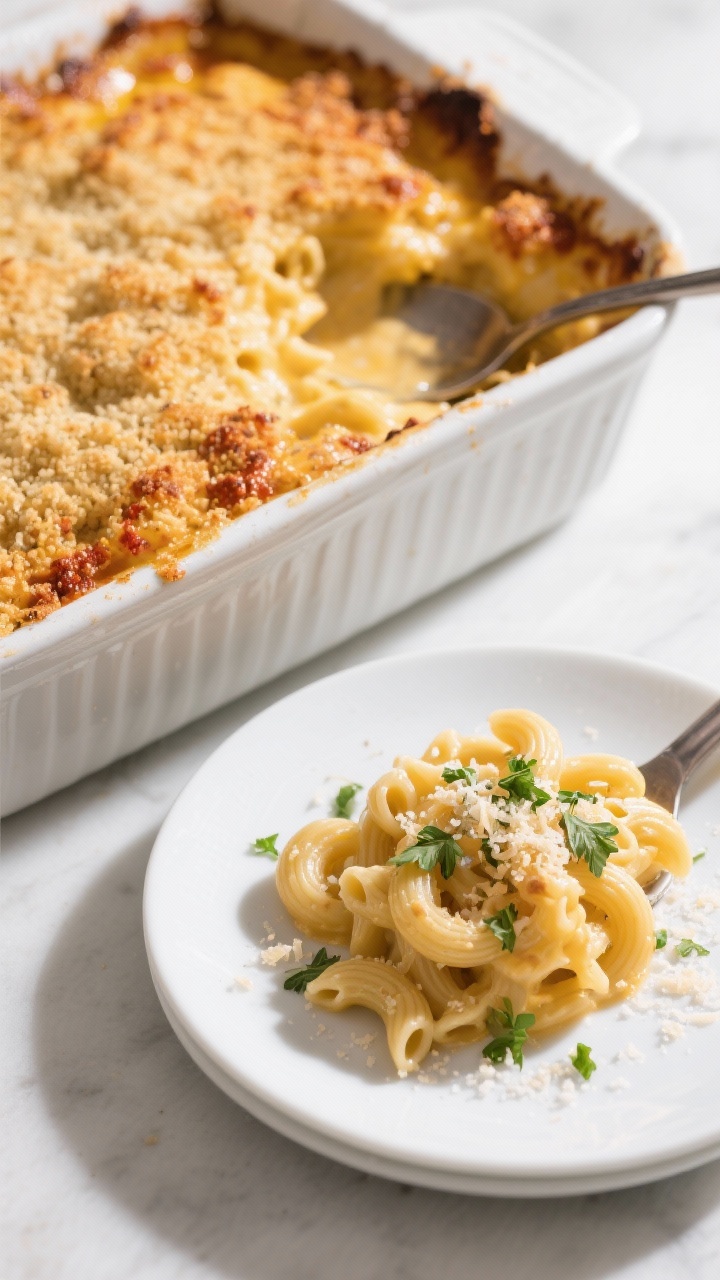 Final dish presentation: Restaurant-quality baked vegan mac and cheese casserole just out of the ove