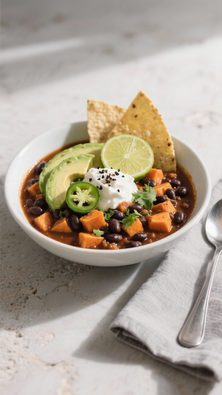Final dish presentation — Restaurant-quality bowl of Vegan Sweet Potato and Black Bean Chili plate