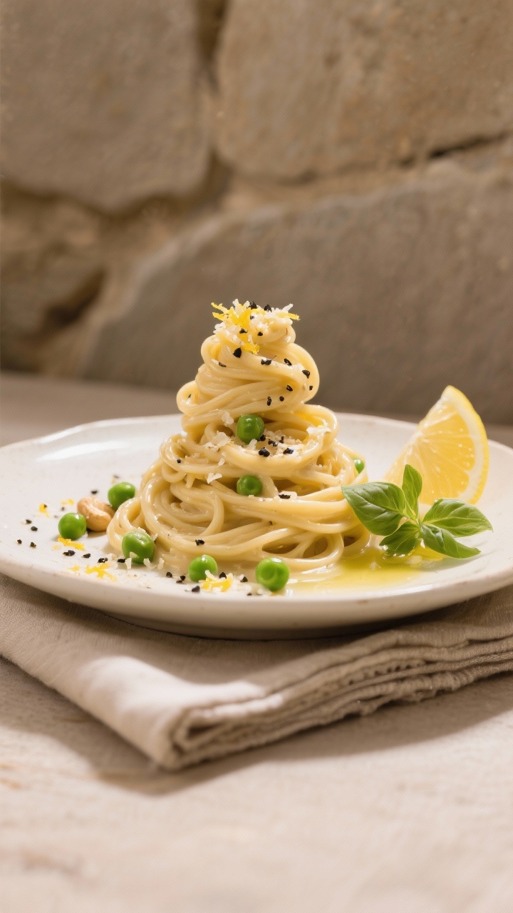 Final dish presentation: Restaurant-quality plated Vegan Cashew Alfredo Pasta on a warm white cerami