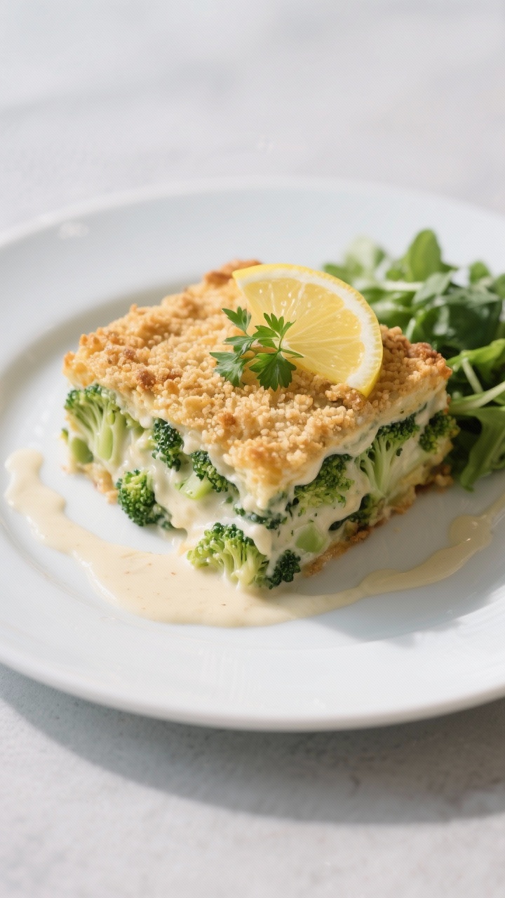 Final dish presentation: Restaurant-quality plated serving of vegan broccoli casserole with a neatly