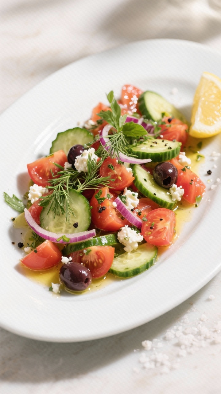 Final dish presentation: Restaurant-quality plated cucumber tomato salad, overhead top-down shot on 