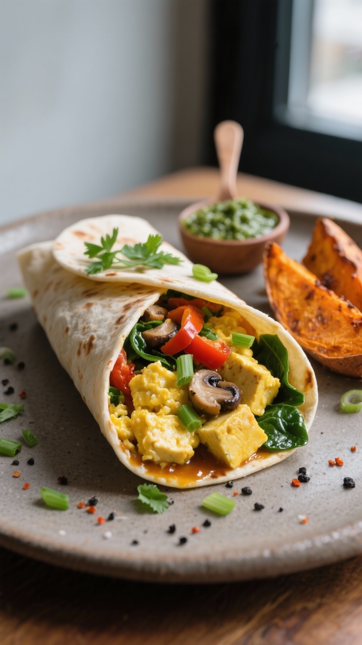 Final dish presentation: Restaurant-quality plating of tofu scramble breakfast burrito cut on a bias