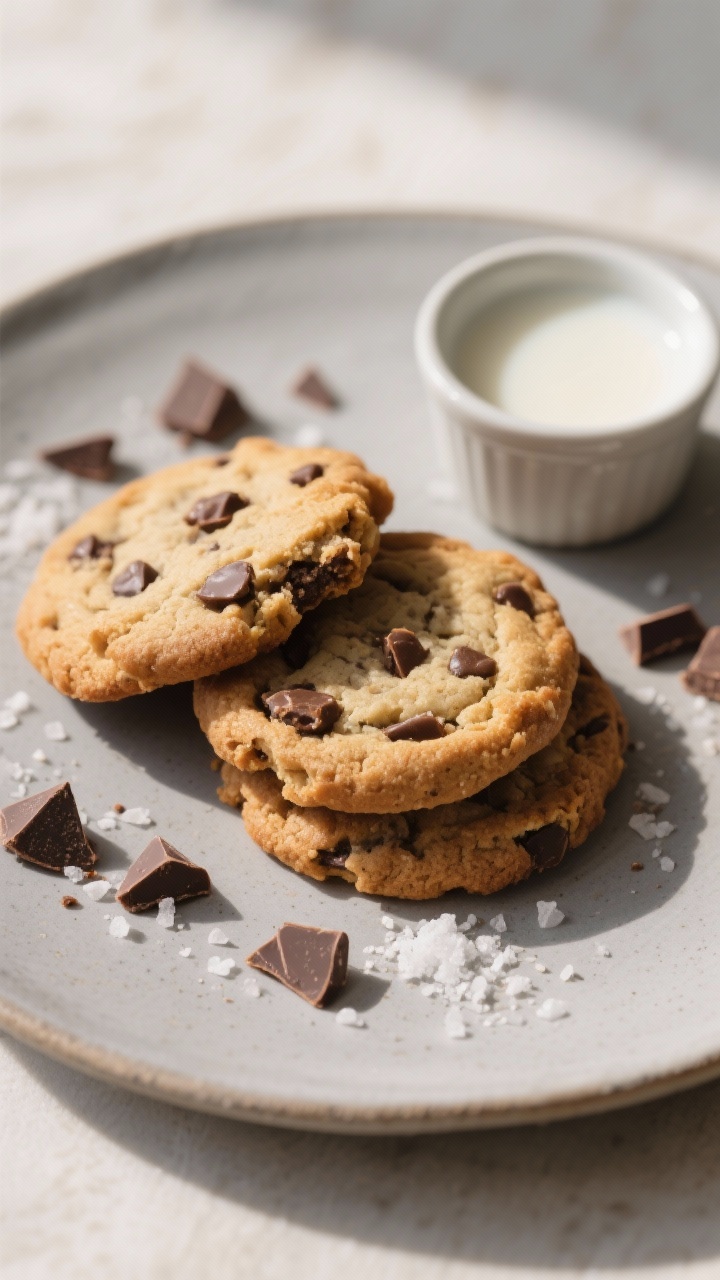 Final dish presentation: Restaurant-quality plating of three vegan chocolate chip cookies stacked wi