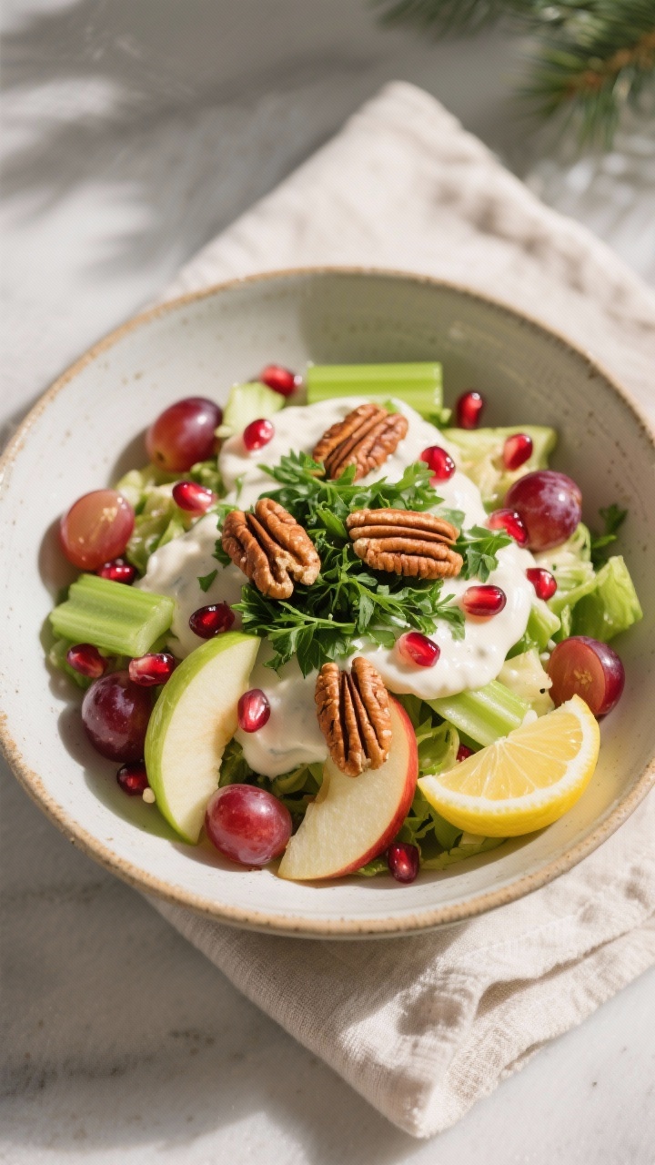 Final dish presentation: Restaurant-quality plating of Holiday Apple Salad in a low, wide ceramic bo