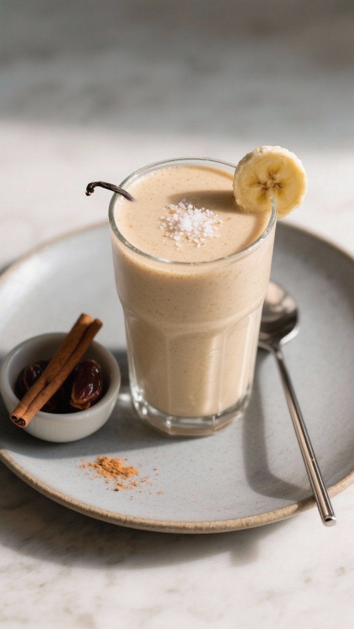 Final dish presentation: Restaurant-quality scene of the Banana Date Smoothie served in a tall frost