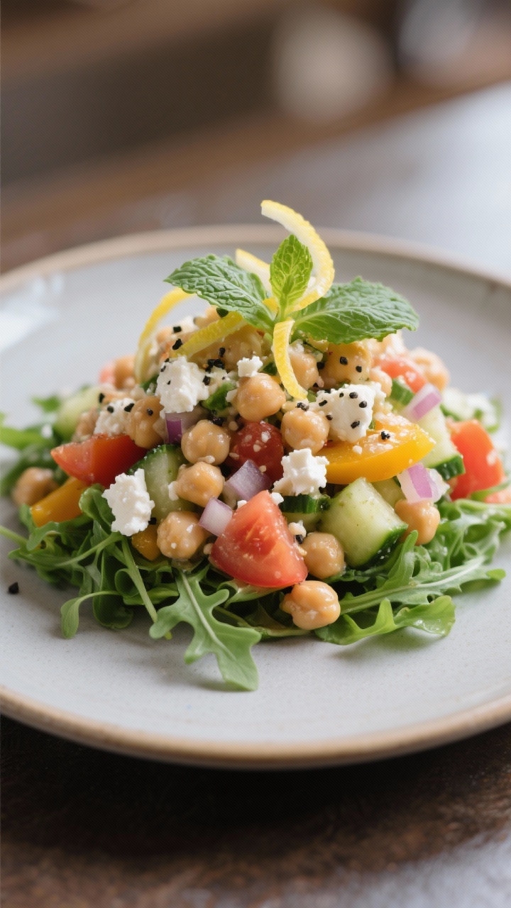 Final dish presentation: Restaurant-quality single-serve plating of the chilled chickpea salad mound