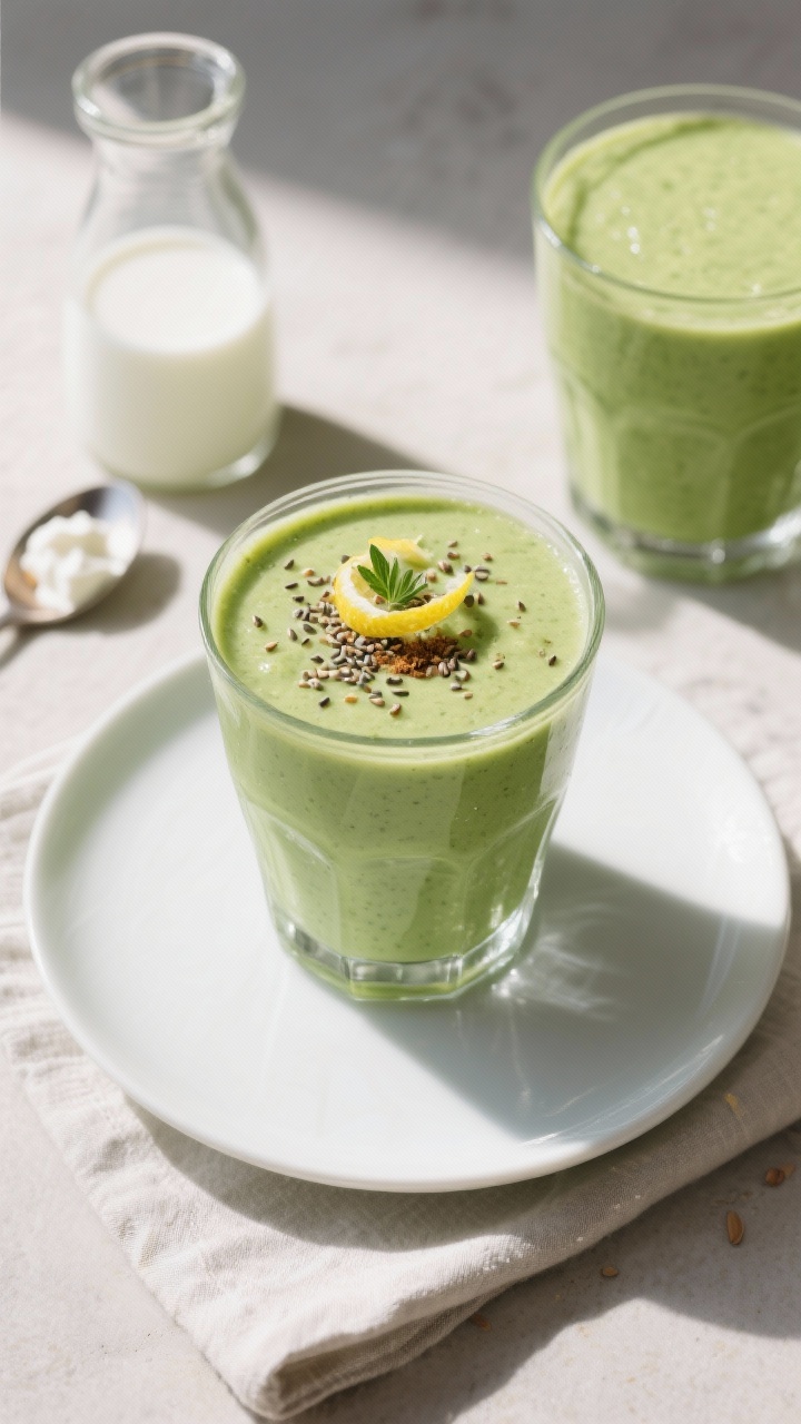 Final dish/top-down presentation: Overhead shot of a poured spinach avocado smoothie in a clear, chi