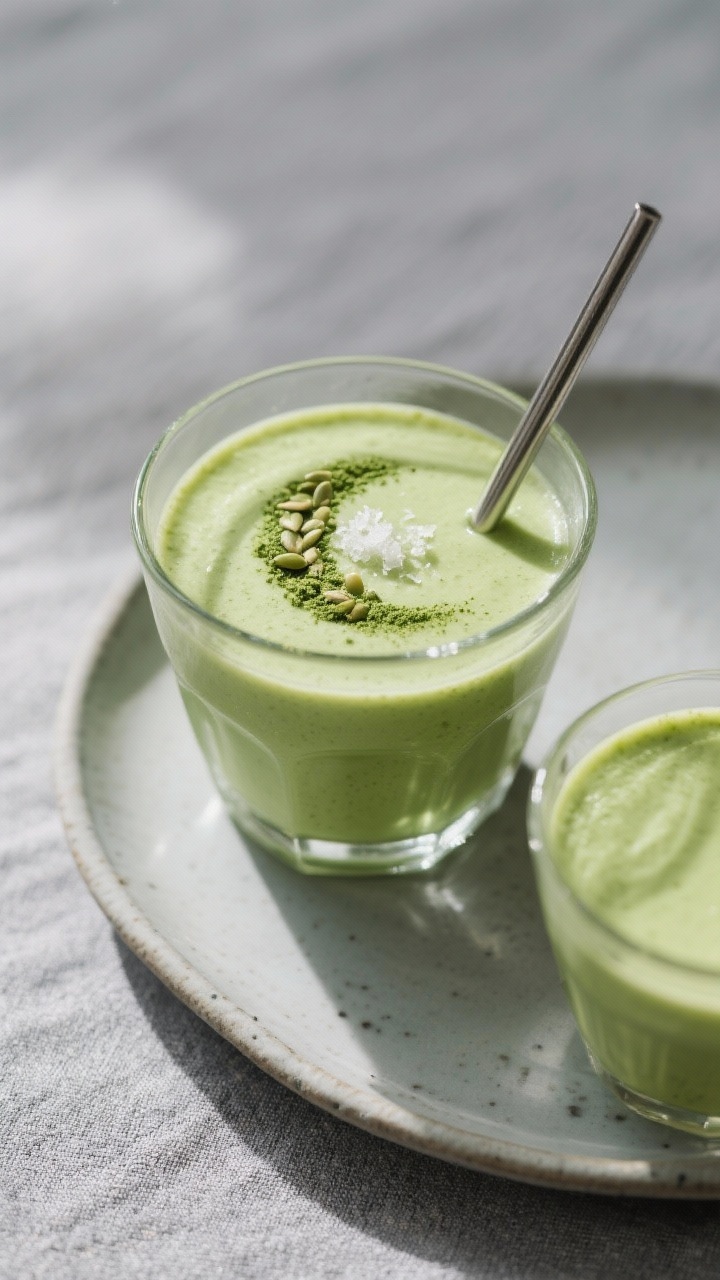 Final dish top view: Overhead shot of a poured Green Avocado Matcha Smoothie in a chilled clear glas