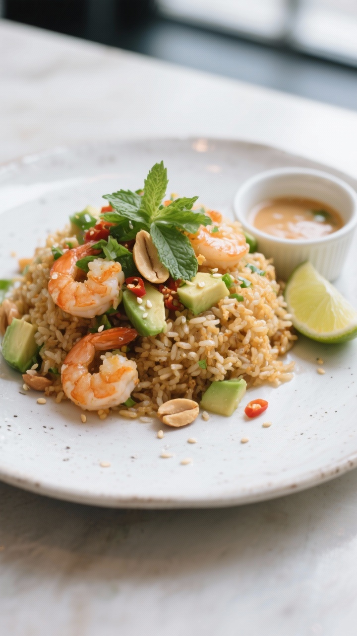Final plated beauty: Restaurant-quality presentation of crispy rice salad with add-ins—plated as a