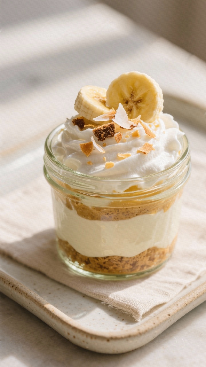Final plated dessert beauty: Individual vegan banana pudding served in small glass jars, fully chill