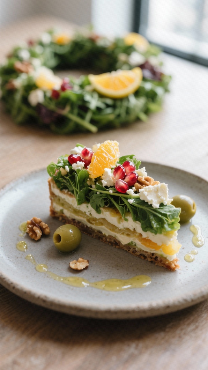 Final plated detail: Close-up of a served slice of the wreath salad on a small matte stoneware plate