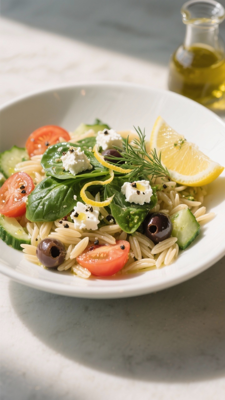 Final plated dish — restaurant-quality presentation: Beautifully plated Mediterranean Orzo Salad s