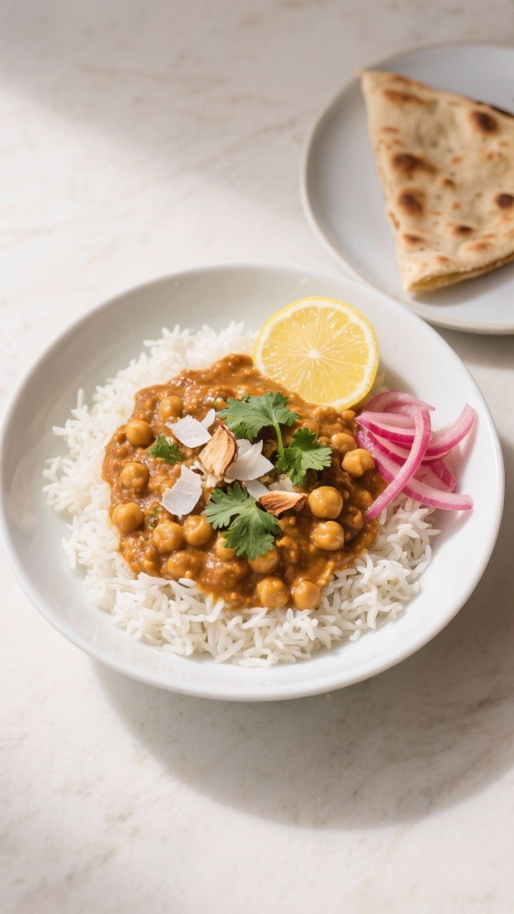 Final plated dish: Restaurant-quality presentation of vegan chickpea curry ladled over fluffy basmat