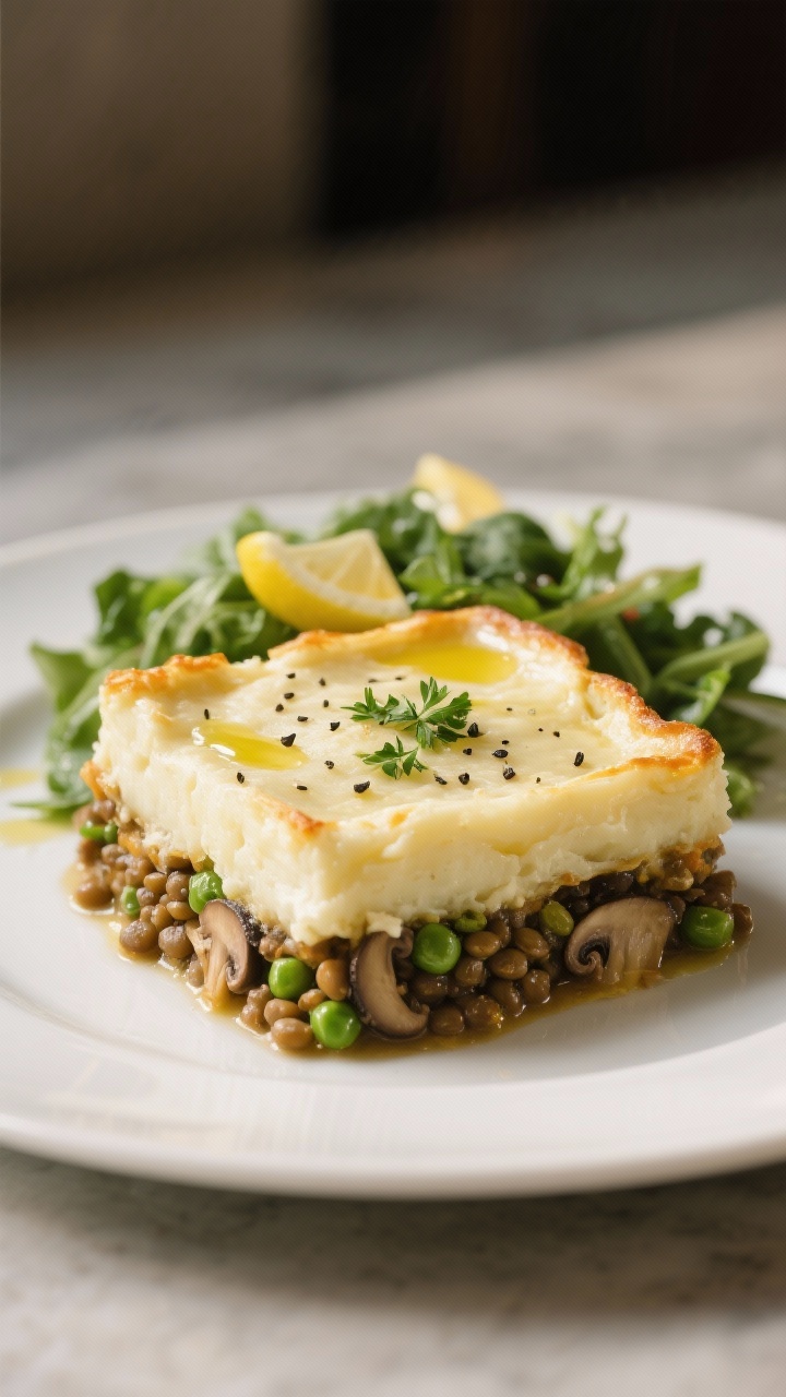 Final plated dish, restaurant-quality presentation: a generous square of Vegan Lentil Shepherd Pie s