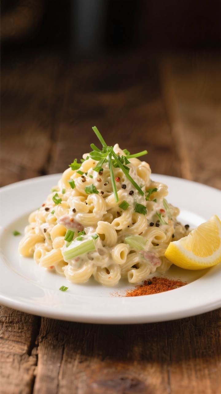 Final plated dish, restaurant-quality presentation: A generous scoop of deli-style creamy macaroni s