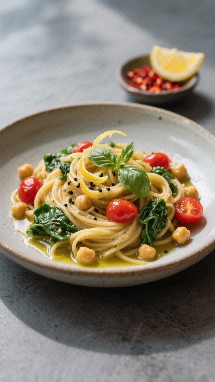 Final plated hero shot: Restaurant-quality presentation of vegan one-pot pasta plated in a low, wide