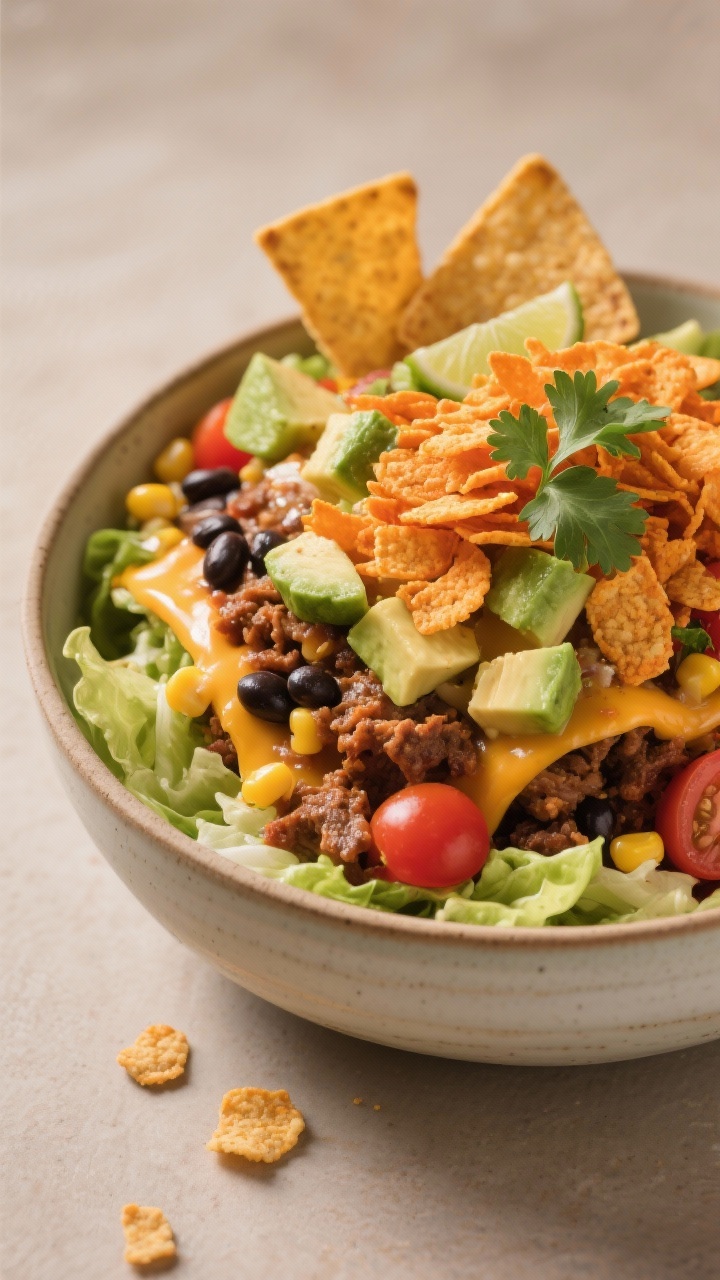 Final plated hero shot: Restaurant-quality presentation of Dorito Taco Salad in a shallow ceramic bo