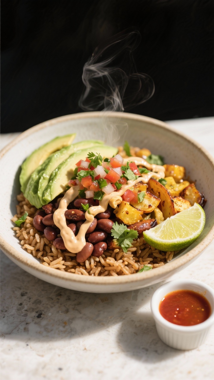 Final plated hero shot: Three-quarter angle beauty of a Vegan Burrito Bowl with brown rice base, hea