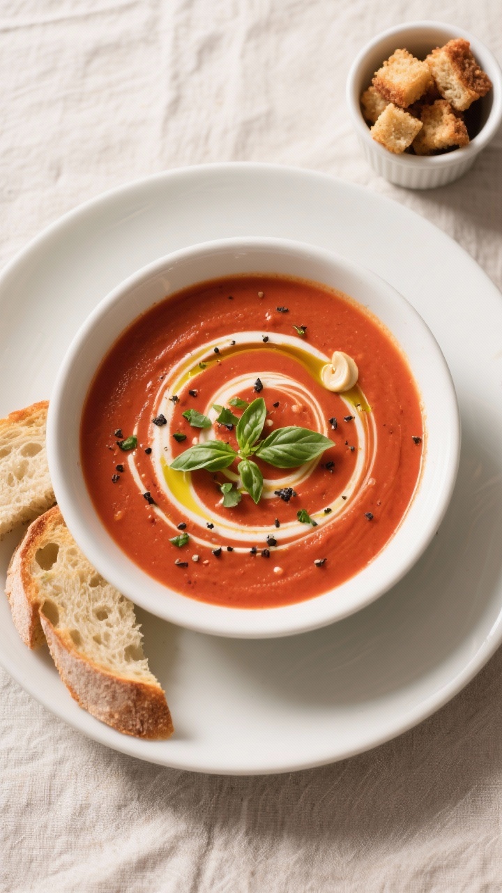 Final plated overhead: Top-down shot of a bowl of vegan tomato soup plated café-style, deep tomato-