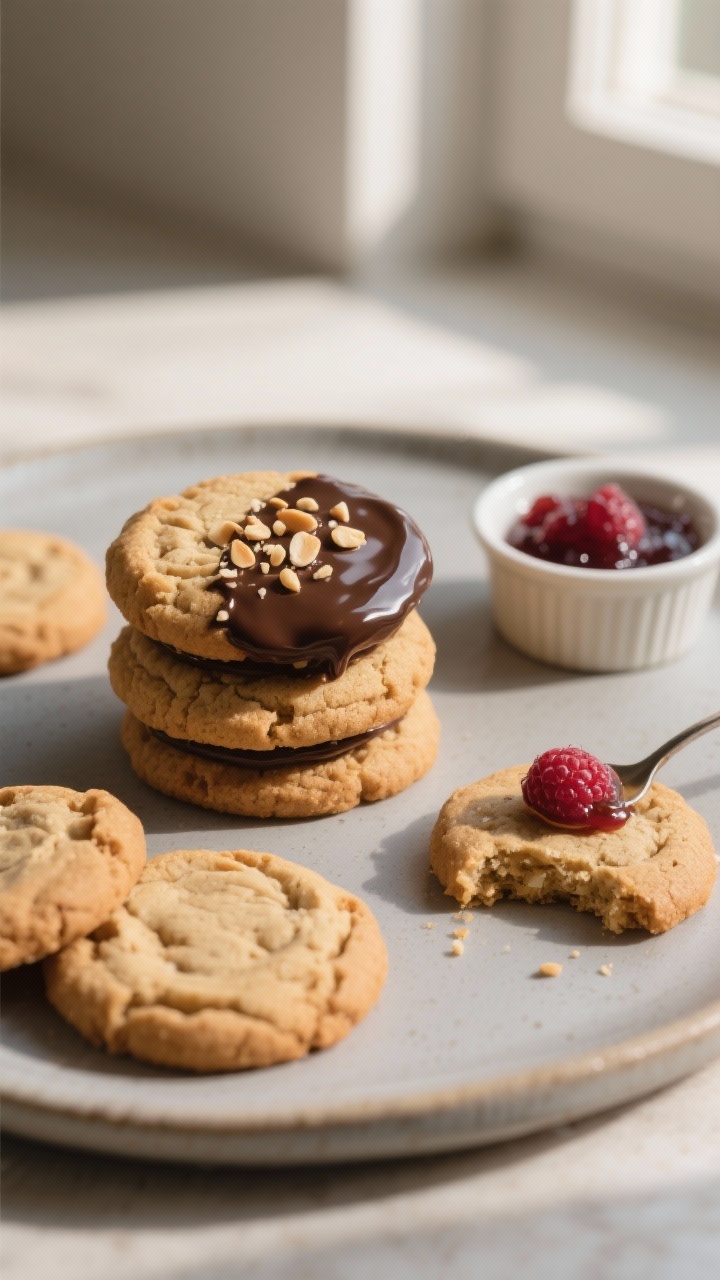 Final plated presentation: A small stack of three vegan peanut butter cookies on a matte ceramic pla
