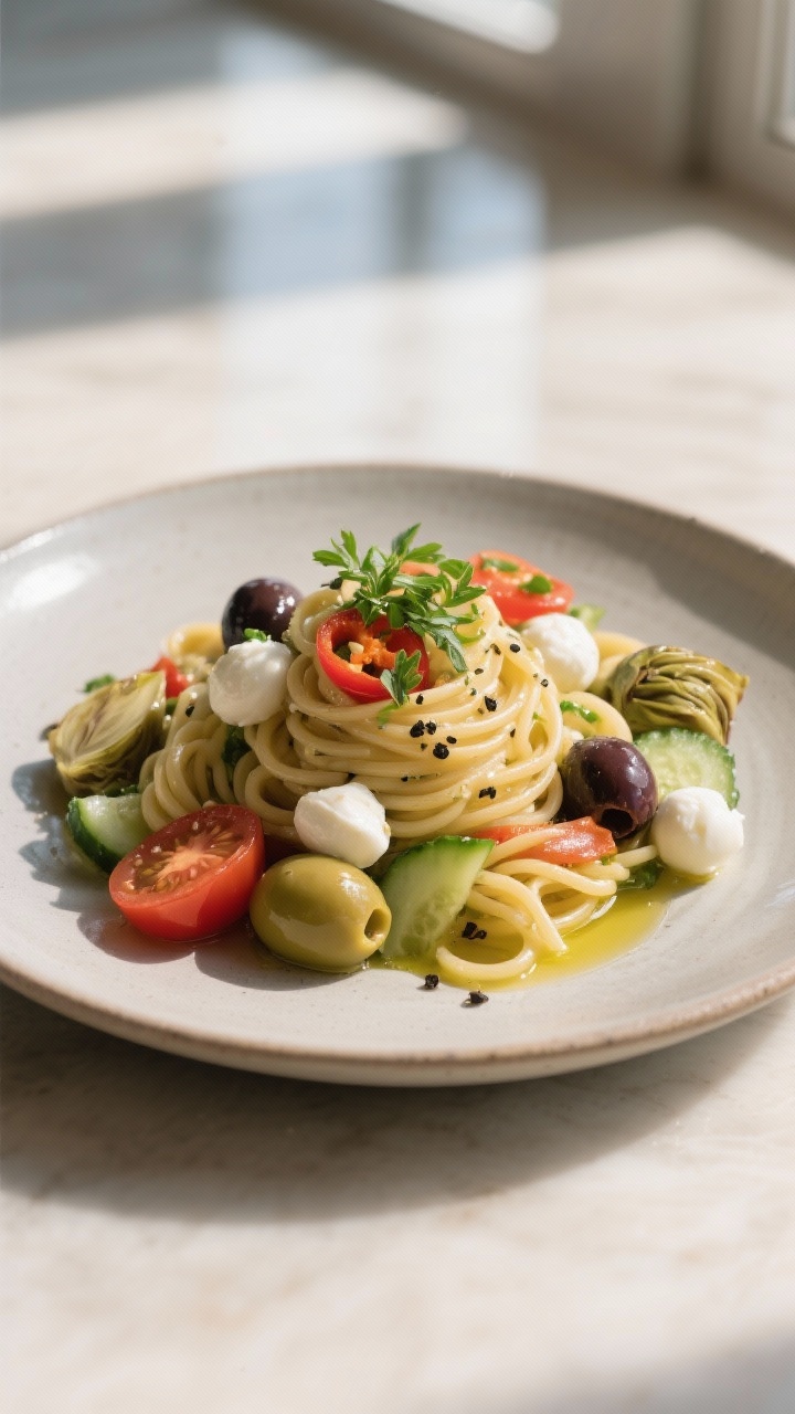 Final plated presentation: Restaurant-quality single serving of Italian pasta salad mounded on a mat