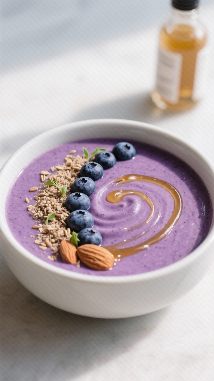 Final plated presentation: Restaurant-quality single-serving Blueberry Almond Smoothie bowl (thicker
