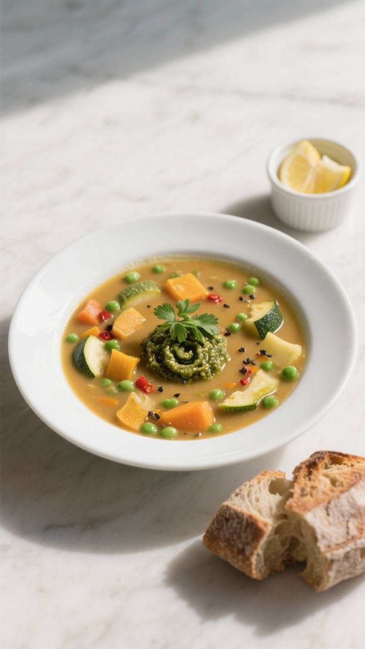 Final plated, restaurant-quality presentation: Beautifully plated hearty vegetable soup in a wide, s