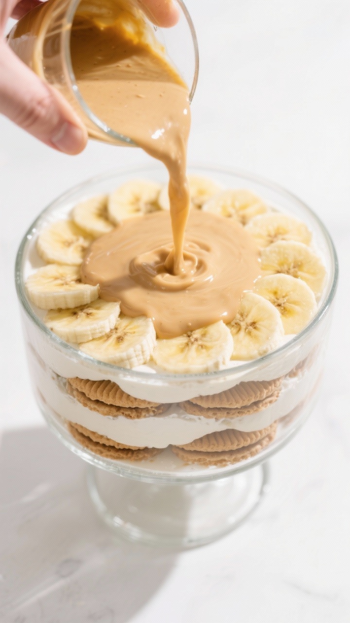 Layering action overhead: Overhead shot of vegan banana pudding mid-assembly in a clear glass trifle
