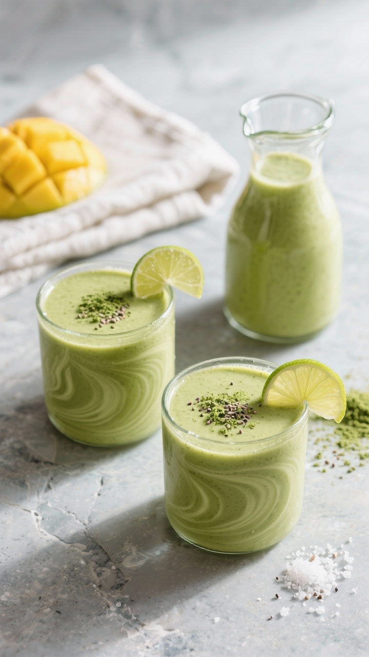 Overhead final presentation of a matcha mango smoothie served in two short, wide glasses on a cool s