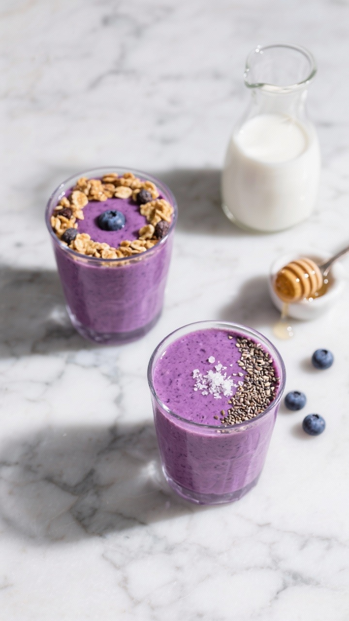 Overhead final presentation: of two glasses of blueberry avocado smoothie on a cool-toned marble sur