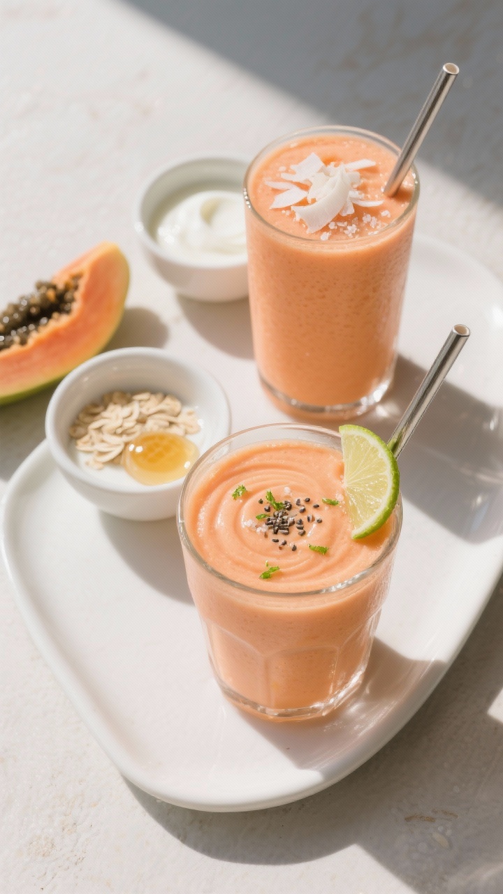 Overhead final presentation of two papaya smoothies on a white ceramic plate-tray, rich creamy consi