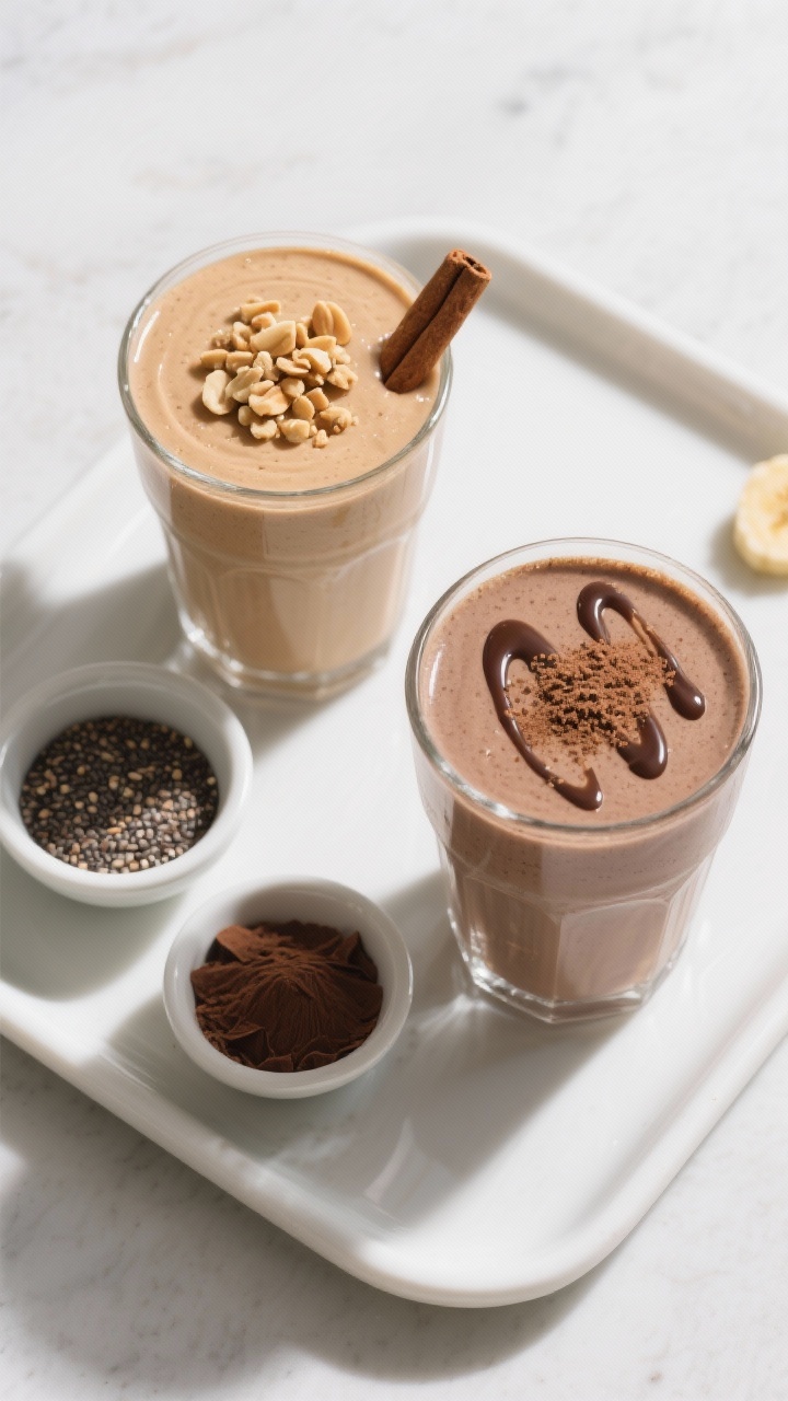 Overhead final presentation of two peanut butter banana smoothies on a matte white tray: one classic