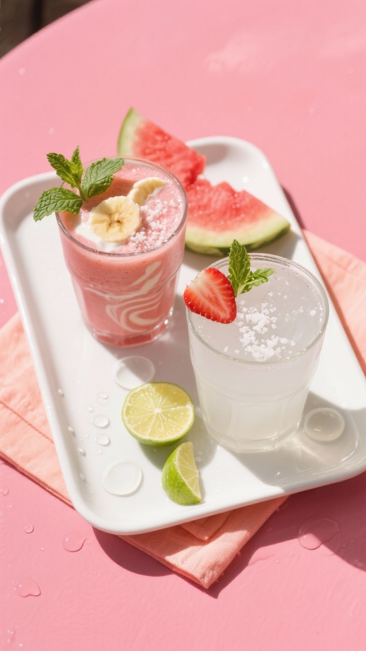 Overhead final presentation of two strawberry watermelon smoothies on a white ceramic tray, ; vivid,