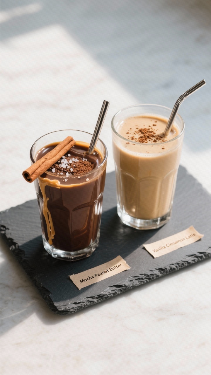 Overhead final presentation of two variations side-by-side for visual contrast: left glass is “Moc