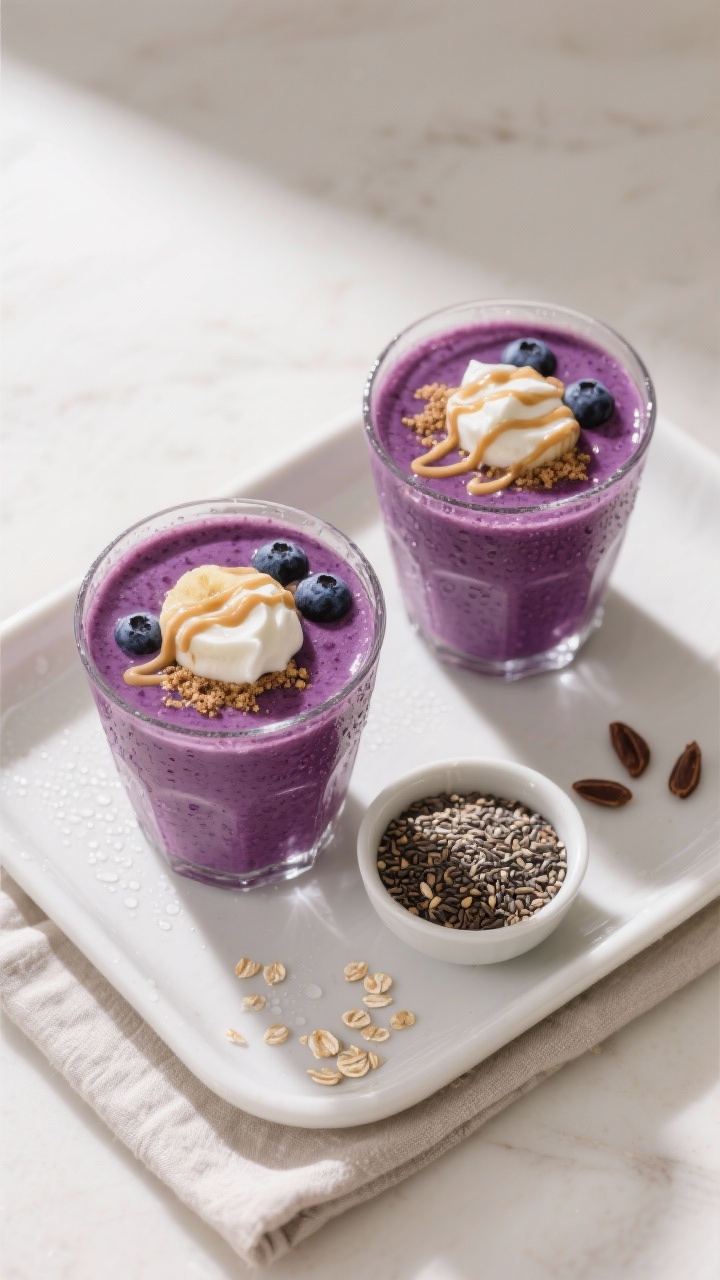 Overhead final presentation: Top-down shot of two glasses of banana blueberry smoothie on a matte wh