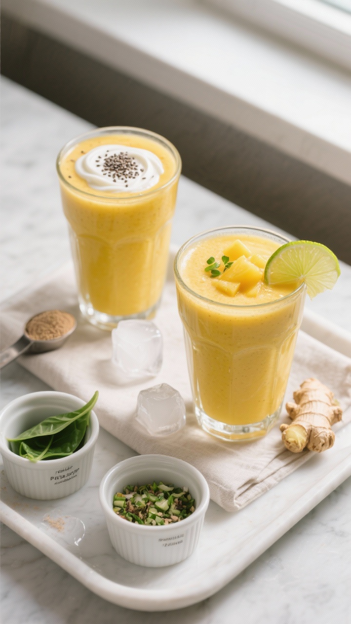 Overhead final presentation: Two finished mango pineapple smoothies in clear tumblers on a matte whi