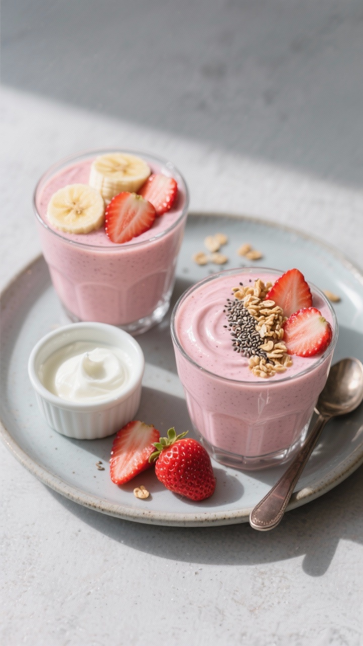 Overhead final presentation: two strawberry banana smoothies styled as a breakfast-ready spread, sho