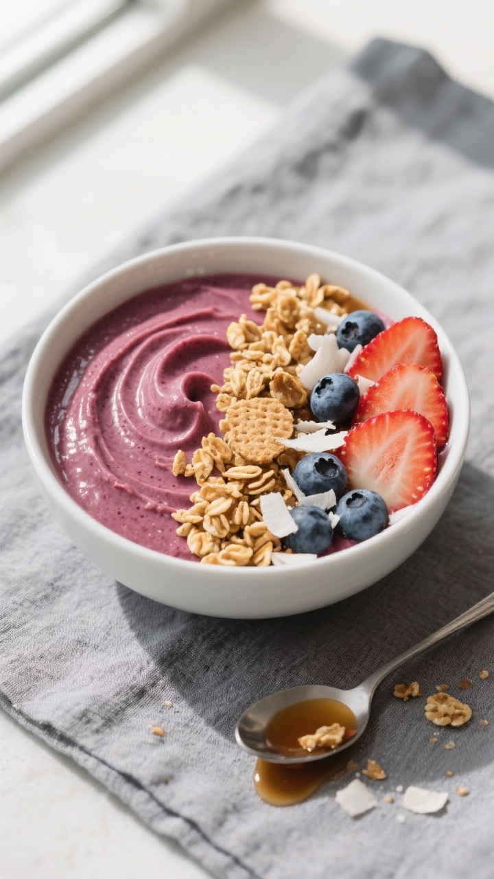 Overhead shot of a finished Ninja Creami smoothie bowl in a wide, matte white bowl: ultra-thick, sco